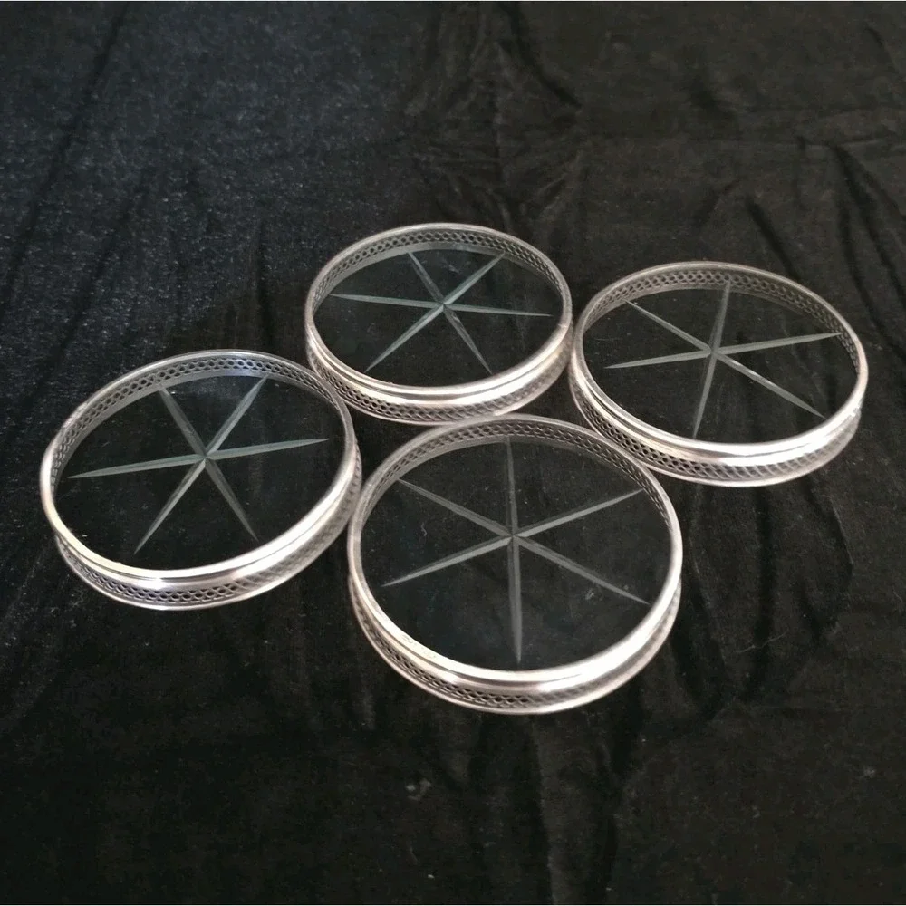 Set Of 4 Webster Sterling Silver Reticulated Cut Glass Starburst Coasters 3